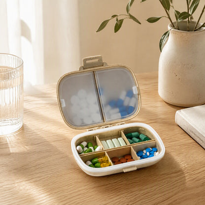 Medsort™ 8-Compartment Plastic Medicine Box in a calm home setting