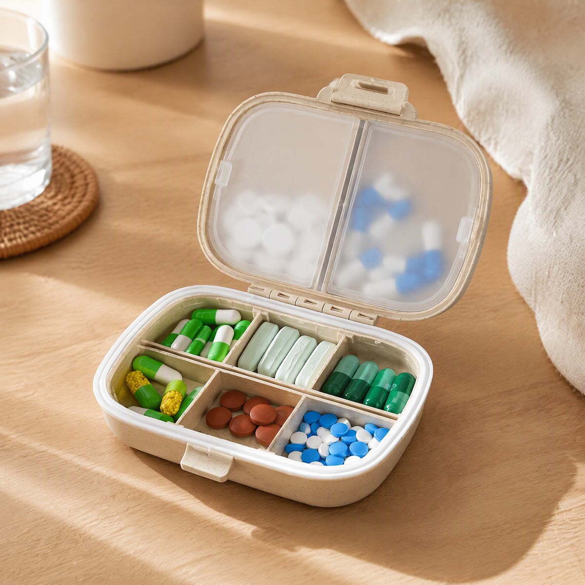 Medsort™ 8-Compartment Plastic Medicine Box, styled close view
