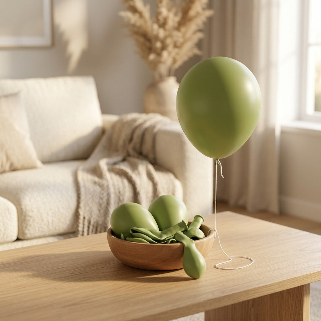 Avopop™ Retro Avocado Green Latex Balloons, styled close view