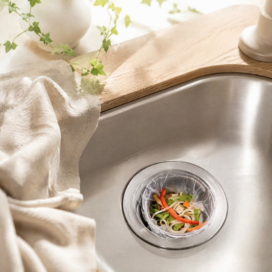 Rinsesift™ Disposable Plastic Sink Filter Screen in a calm home setting