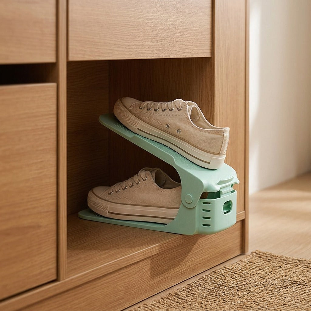 Pairstack™ Two-Layer Plastic Shoe Rack, styled close view