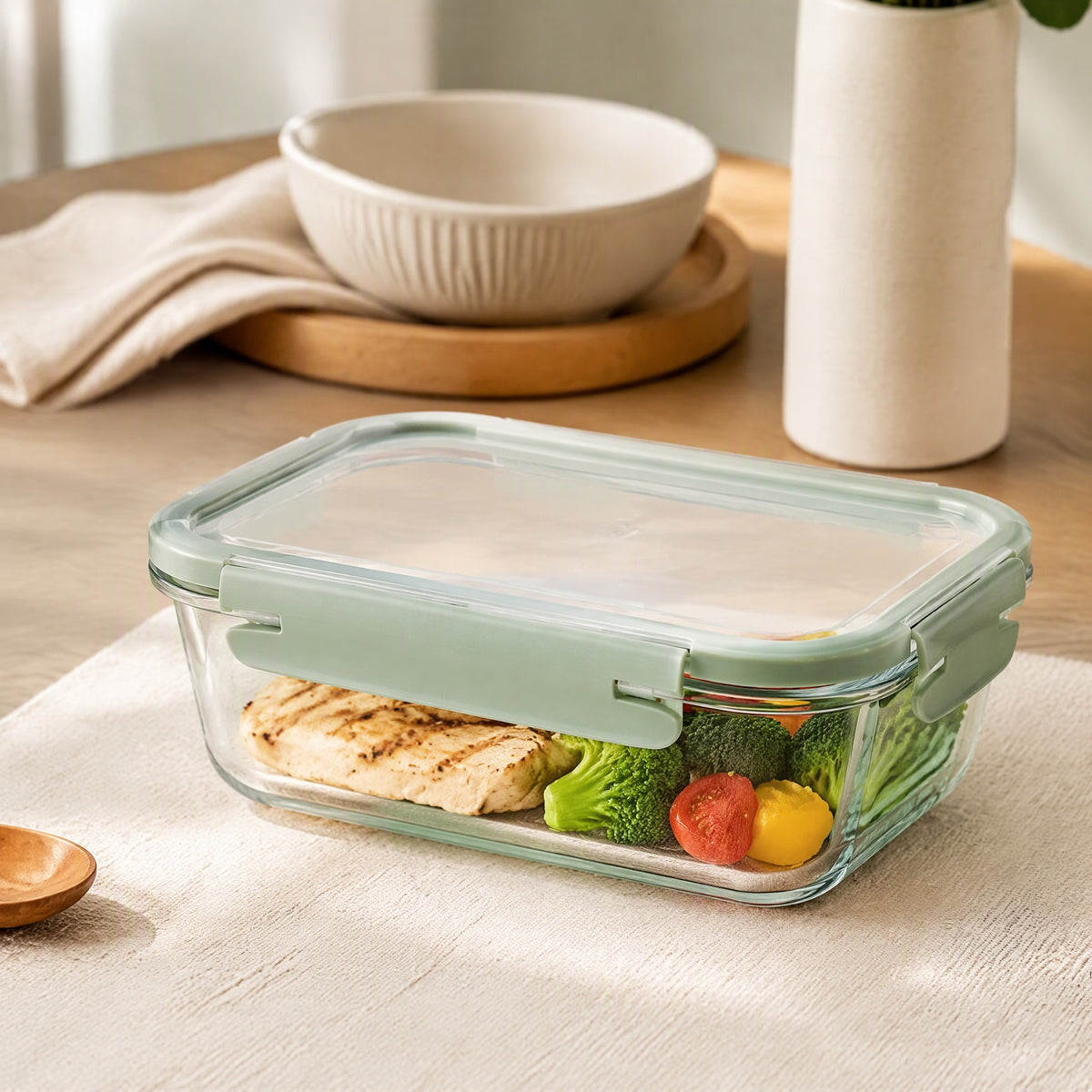 Mealclear™ High Borosilicate Rectangular Glass Lunch Box, styled close view