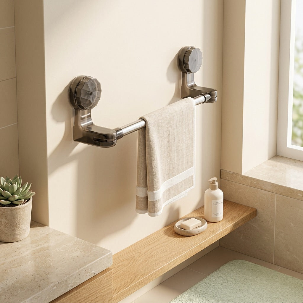 Clingdry™ Suction Cup Telescopic Towel Rack in a calm home setting