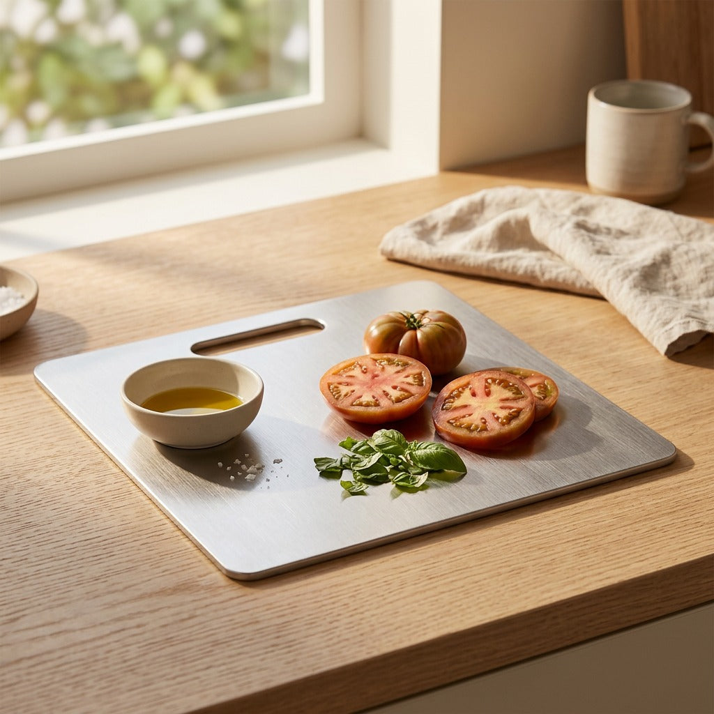 Chopdeck™ Stainless Steel Cutting Board, styled close view