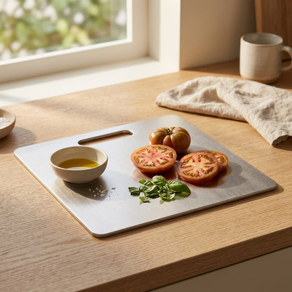 Chopdeck™ Stainless Steel Cutting Board, styled close view