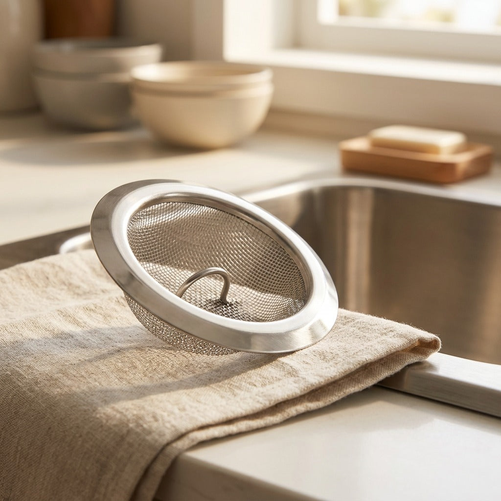 Sinkweft™ Stainless Steel Kitchen Sink Filter Net, styled close view