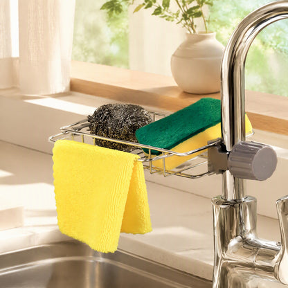 Sinkperch™ Stainless Steel Faucet Sink Rack in a calm home setting