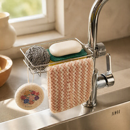 Sinkperch™ Stainless Steel Faucet Sink Rack, styled close view