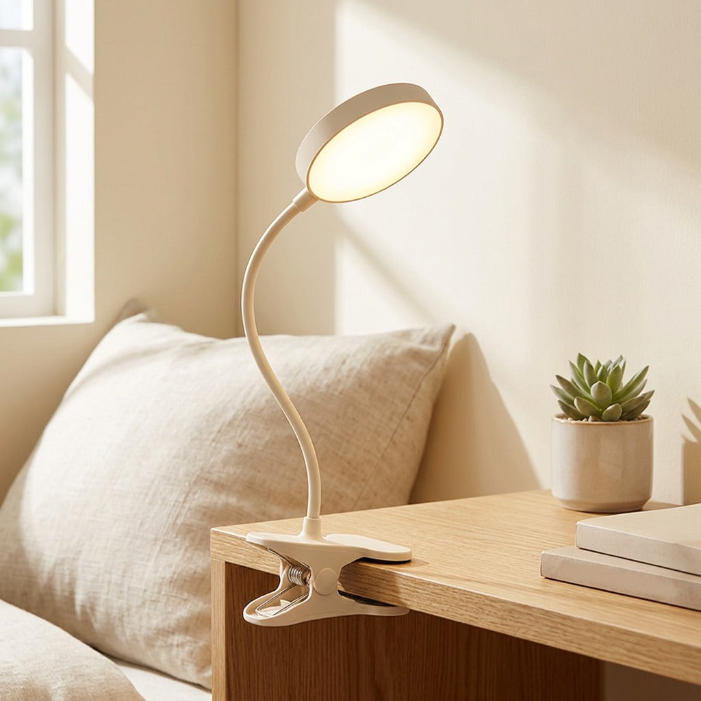 Clipluma™ Clip-On LED Table Lamp in a calm home setting