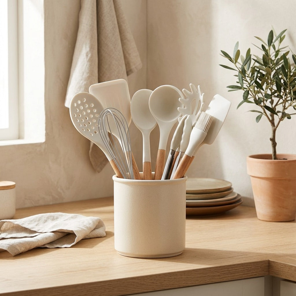 Woodstir™ Silicone Kitchen Utensil Set With Wooden Handle in a calm home setting