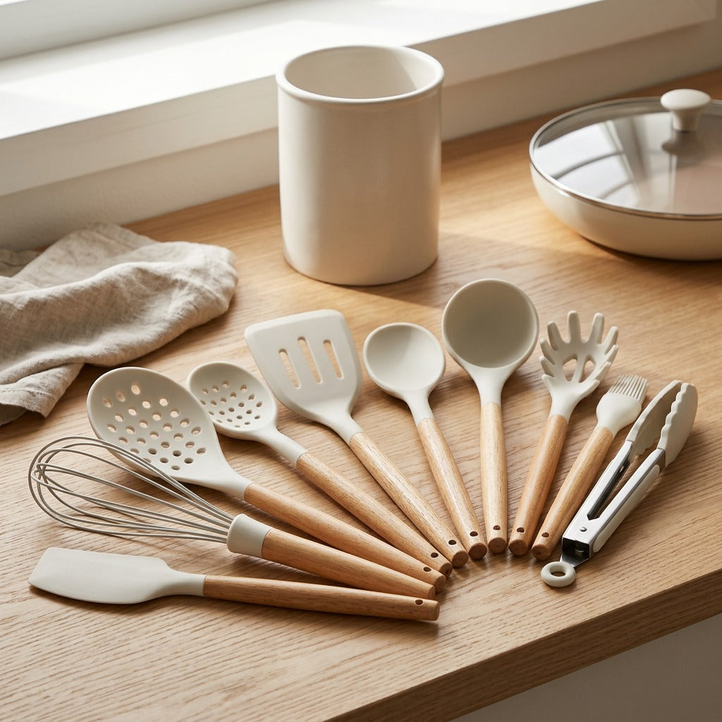 Woodstir™ Silicone Kitchen Utensil Set With Wooden Handle, styled close view
