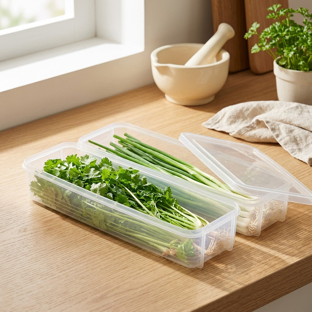 Herbcrisp™ Coriander & Green Onion Storage Box in a calm home setting