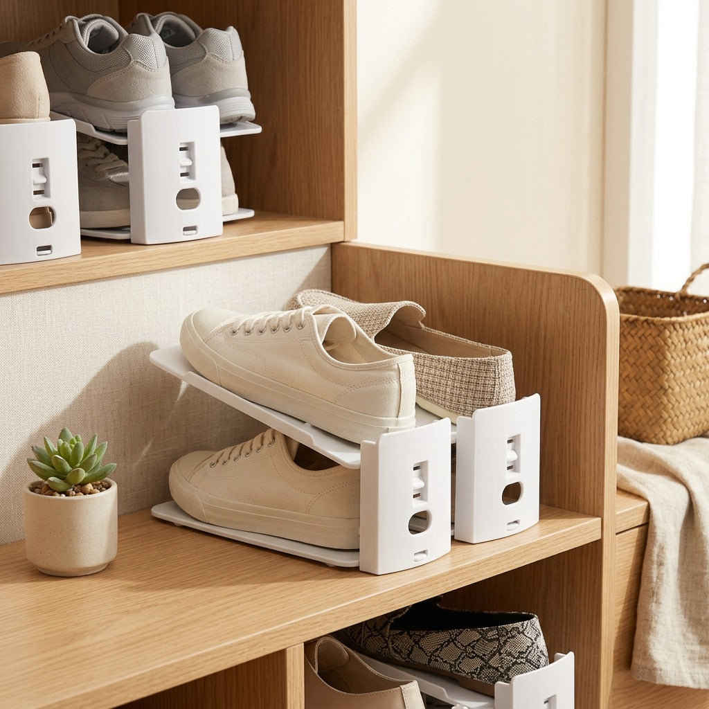 Duostep™ Two-Tier Plastic Shoe Rack in a calm home setting