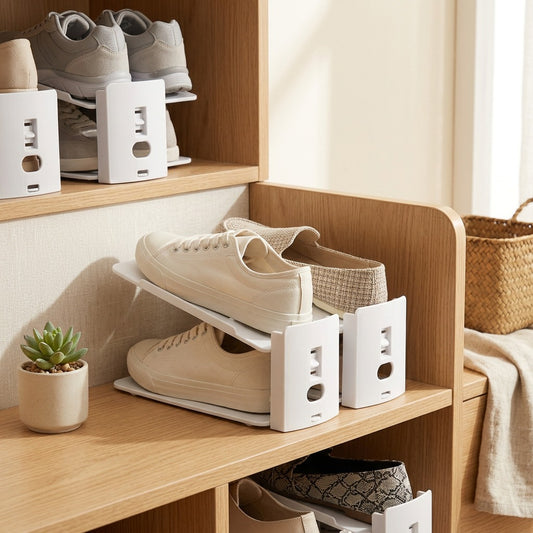 Duostep™ Two-Tier Plastic Shoe Rack in a calm home setting
