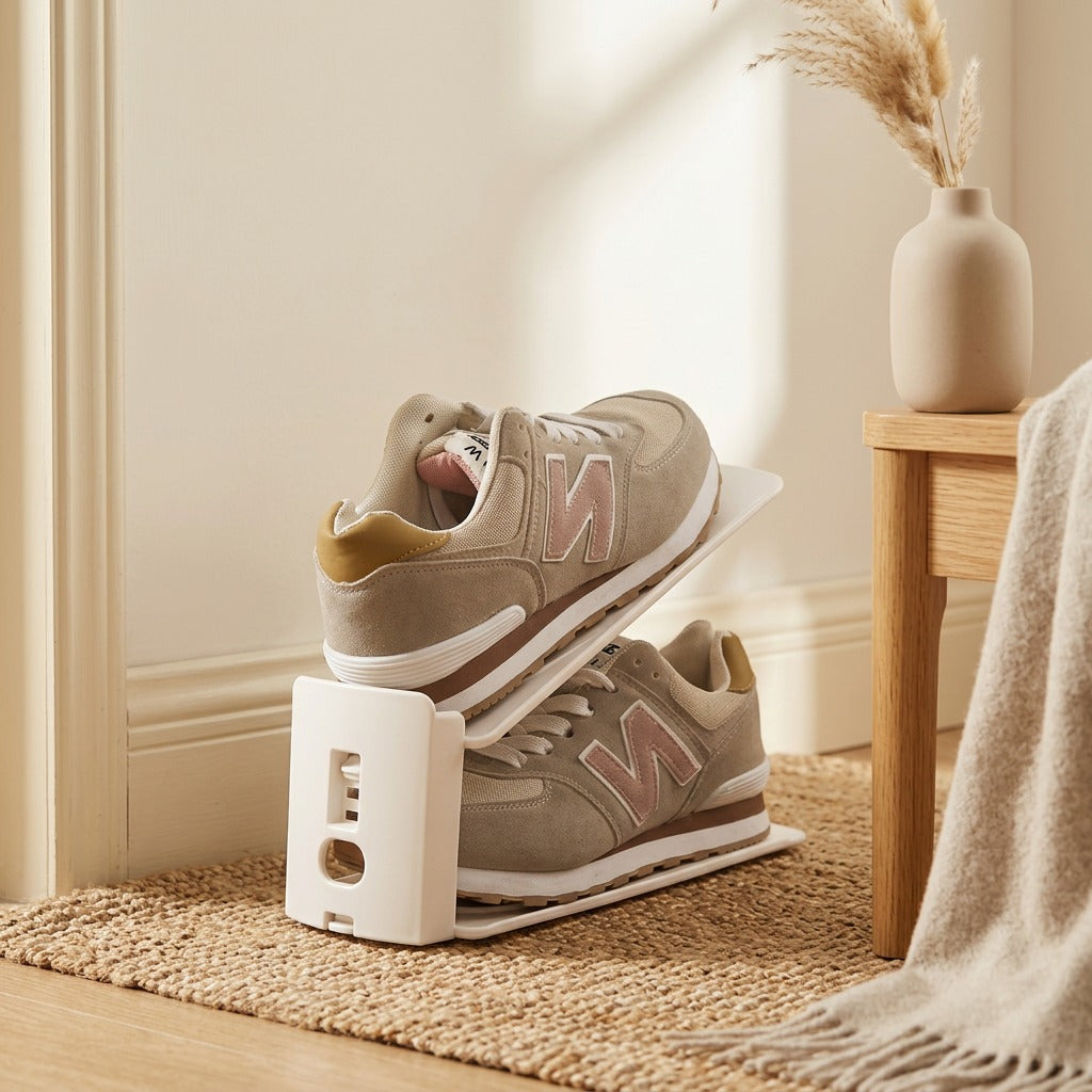 Duostep™ Two-Tier Plastic Shoe Rack, styled close view