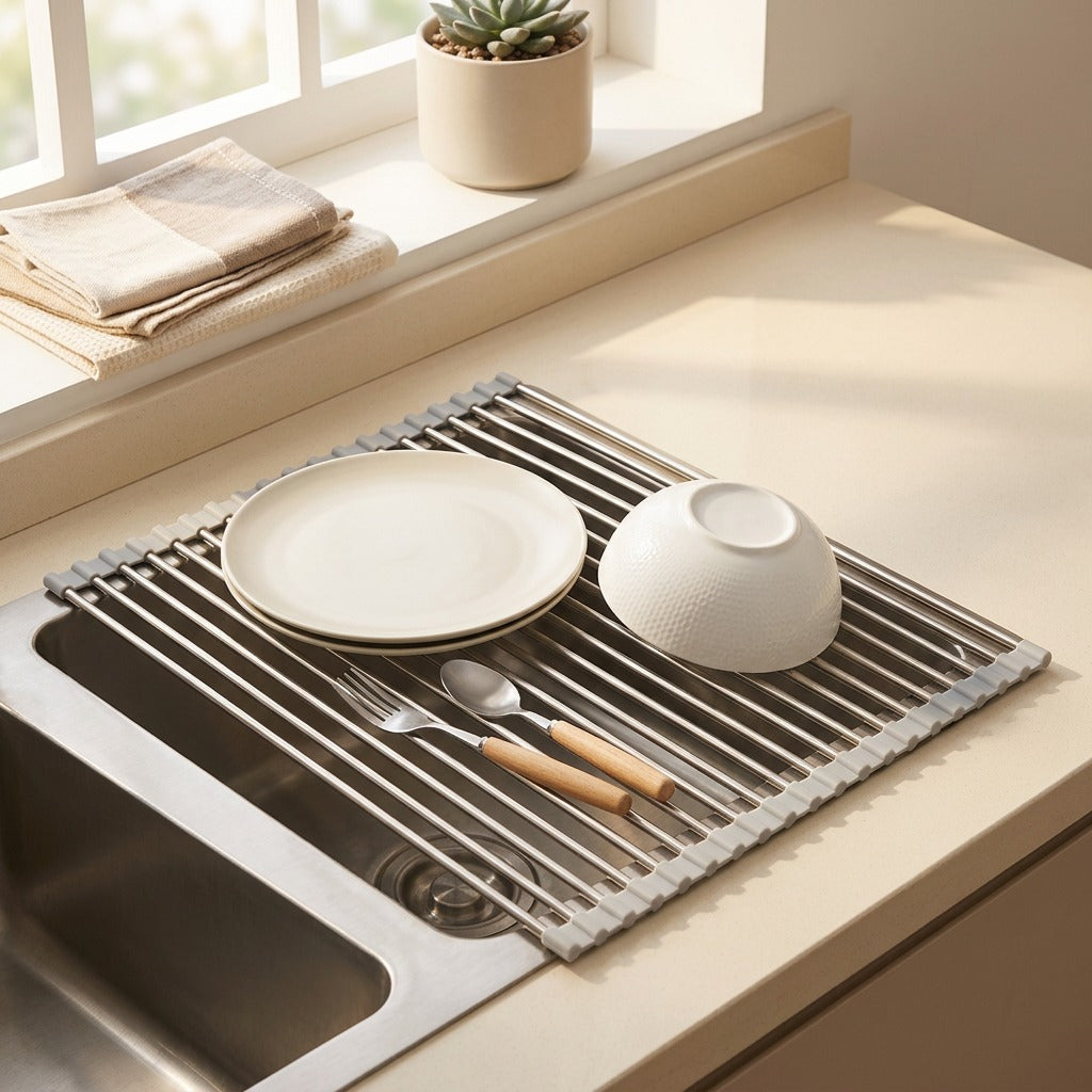 Dishfold™ Foldable Countertop Dish Rack in a calm home setting