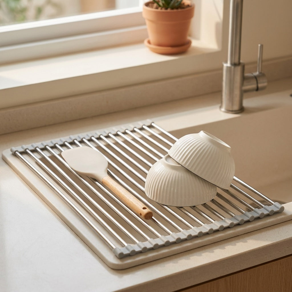 Dishfold™ Foldable Countertop Dish Rack, styled close view