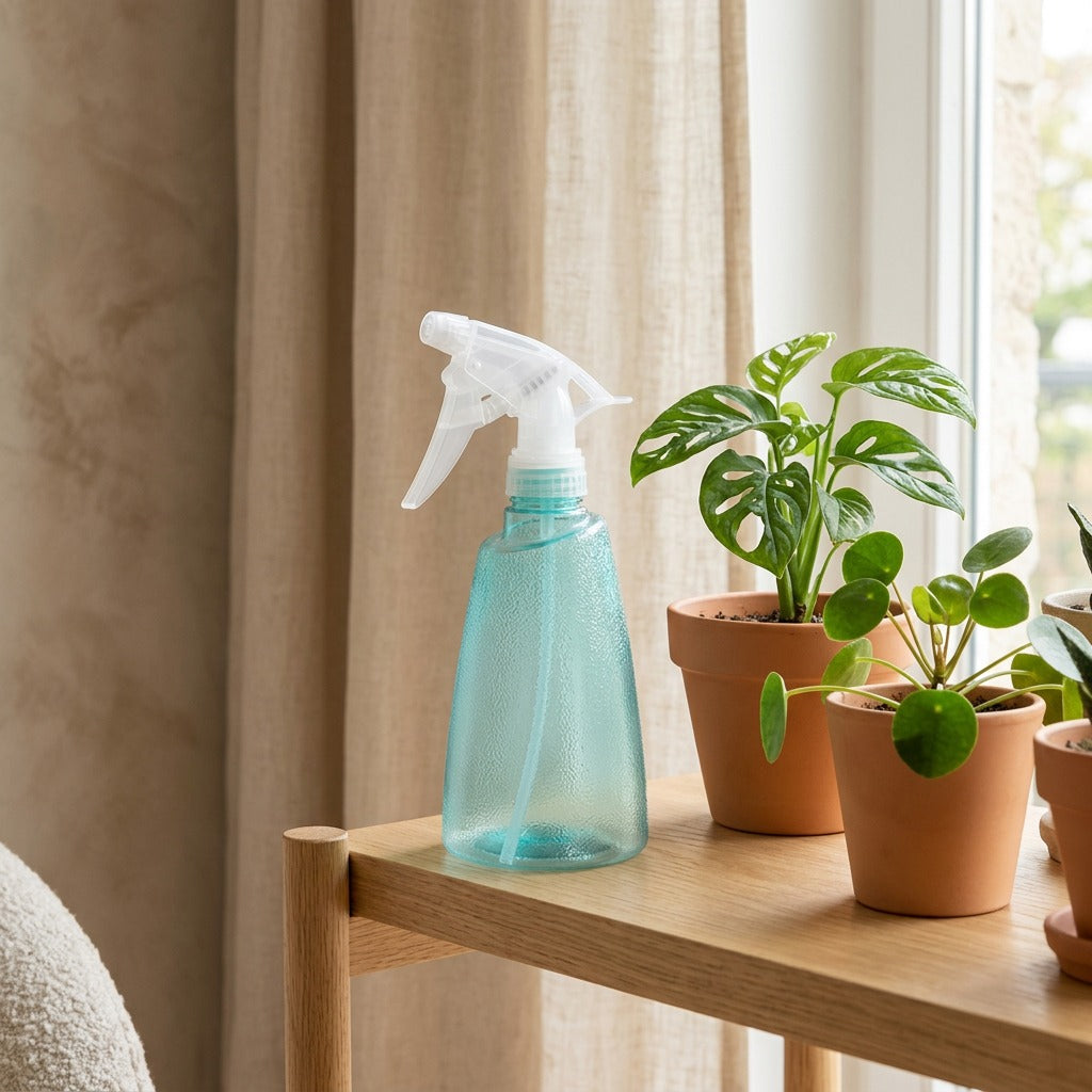 Leafmist™ Plastic Plant Watering Spray Bottle in a calm home setting