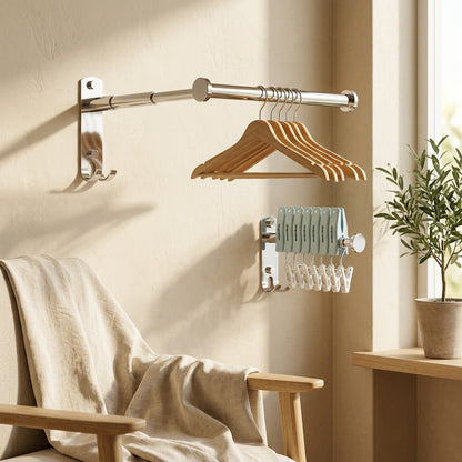 Hangrail™ Stainless Steel Wall-Mounted Clothes Hanger Rack in a calm home setting