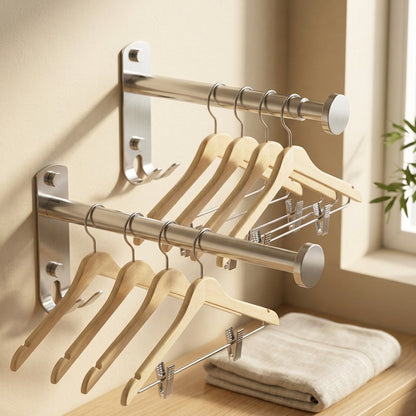 Hangrail™ Stainless Steel Wall-Mounted Clothes Hanger Rack, styled close view