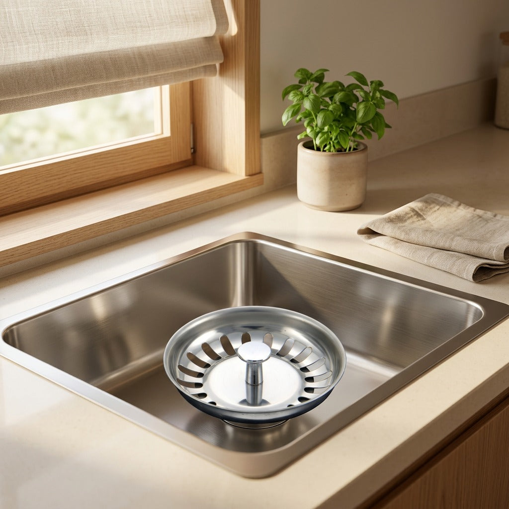 Drainsift™ Stainless Steel Sink Drain Filter in a calm home setting
