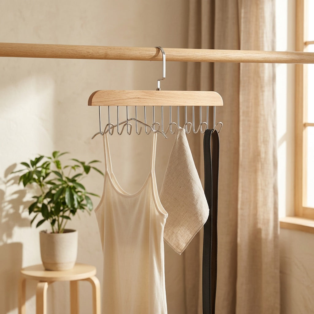 Hookwood™ Eight-Hook Solid Wood Clothes Hanger in a calm home setting