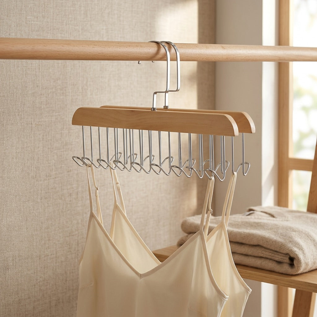 Hookwood™ Eight-Hook Solid Wood Clothes Hanger, styled close view