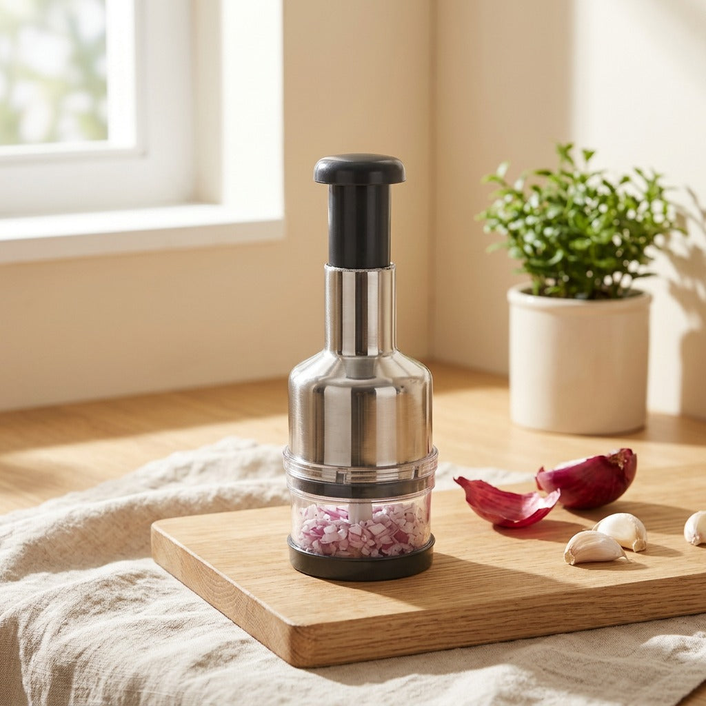 Cloveslice™ Stainless Steel Manual Garlic Cutter in a calm home setting