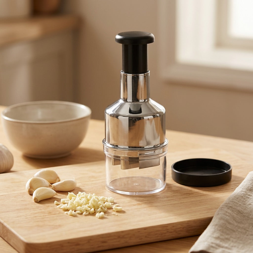 Cloveslice™ Stainless Steel Manual Garlic Cutter, styled close view