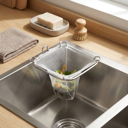 Catchrack™ Stainless Steel Sink Filter Rack, styled close view