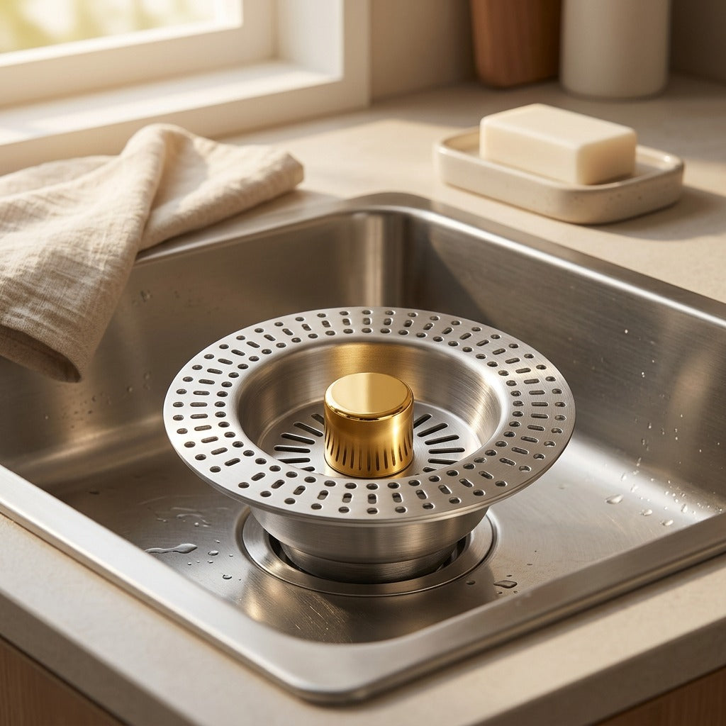 Sinksift™ Stainless Steel Kitchen Sink Filter, styled close view