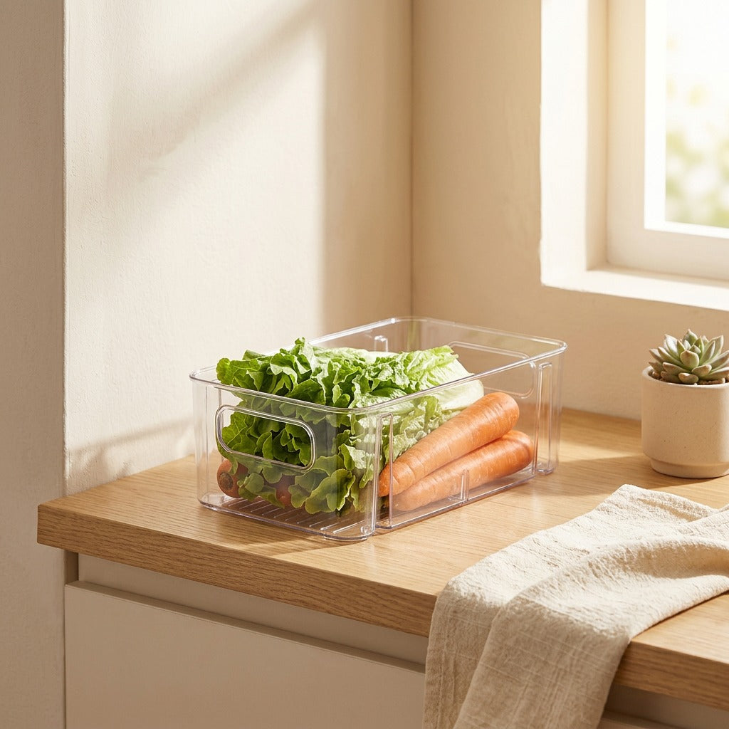 Freshbin™ Transparent PET Refrigerator Storage Box in a calm home setting