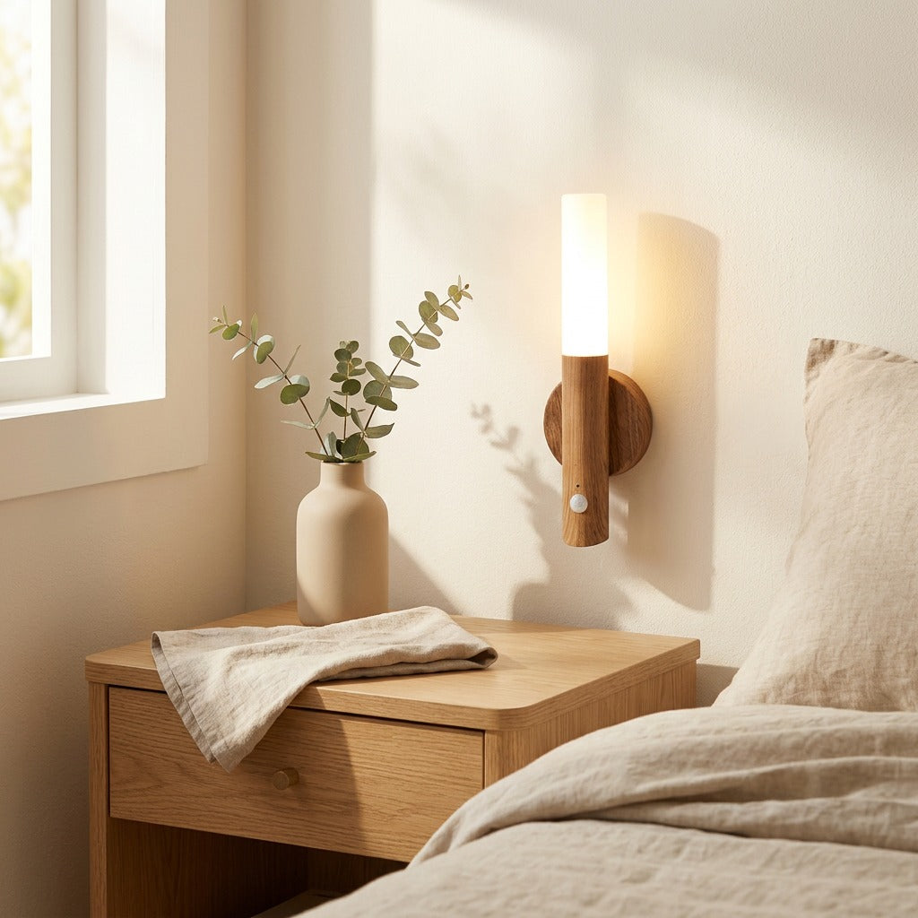 Grainbeam™ Wood Grain Sensor Wall Night Light in a calm home setting