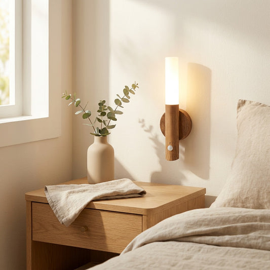 Grainbeam™ Wood Grain Sensor Wall Night Light in a calm home setting