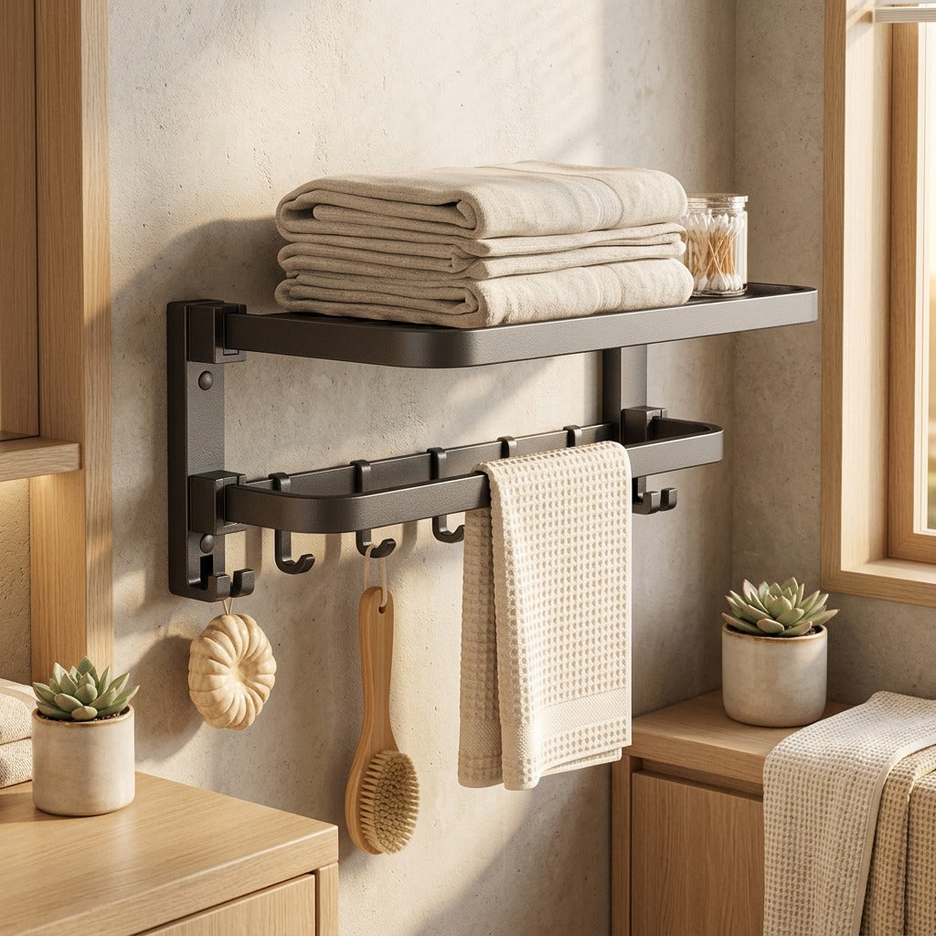 Towelfold™ Gun Gray Folding Towel Rack in a calm home setting