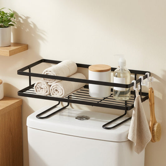 Overloft™ Iron Above Toilet Storage Rack in a calm home setting