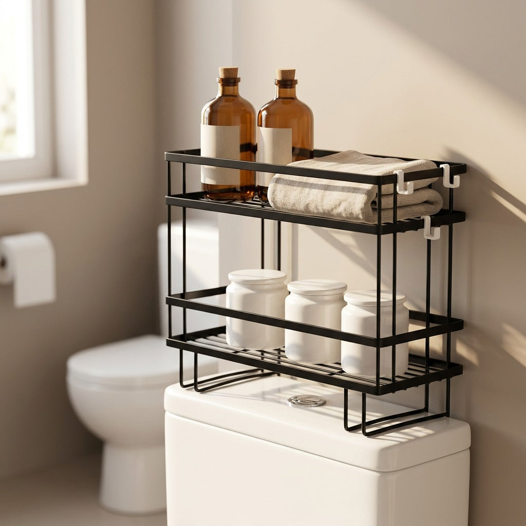 Overloft™ Iron Above Toilet Storage Rack, styled close view