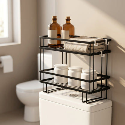 Overloft™ Iron Above Toilet Storage Rack, styled close view