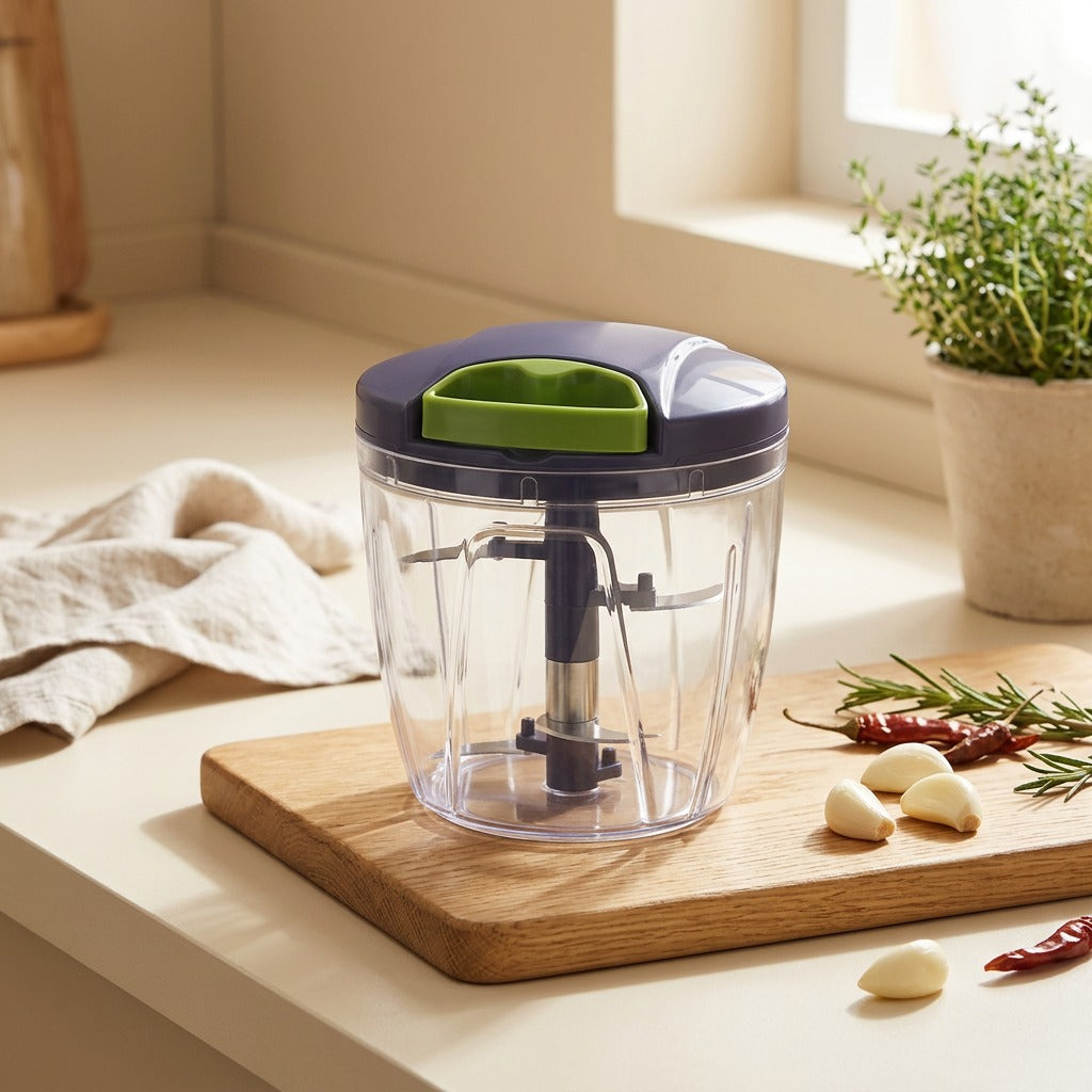 Clovepulp™ Manual Plastic Garlic Crusher in a calm home setting