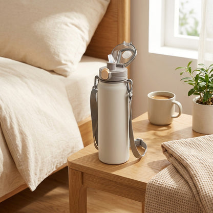 Thermflow™ Stainless Steel Thermos Cup With Straw in a calm home setting