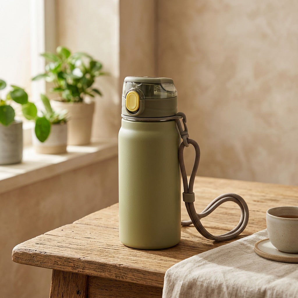 Thermflow™ Stainless Steel Thermos Cup With Straw, styled close view