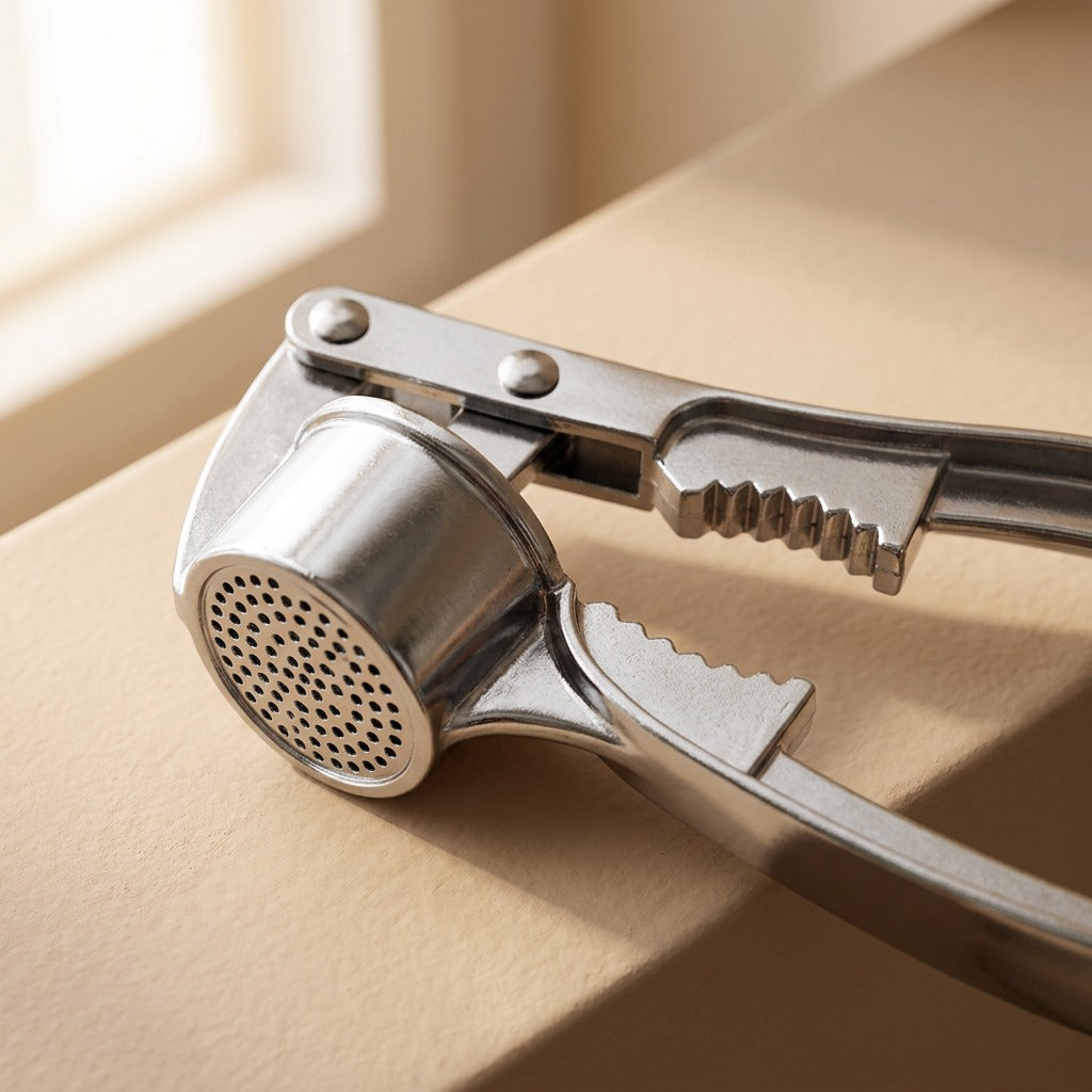Gripclove™ Zinc Alloy Garlic Press, material and detail close-up