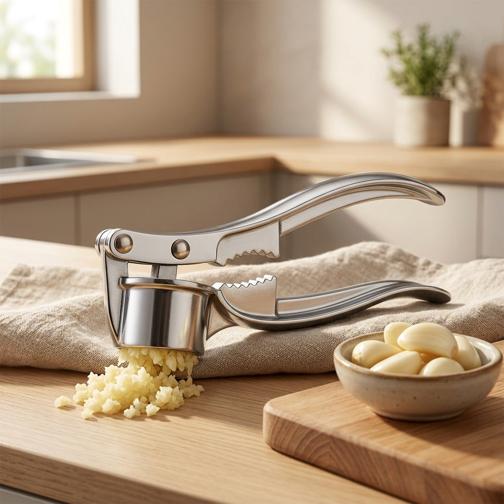 Gripclove™ Zinc Alloy Garlic Press, styled close view