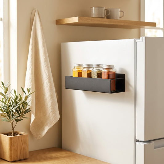 Fridgespice™ Magnetic Iron Refrigerator Spice Rack in a calm home setting