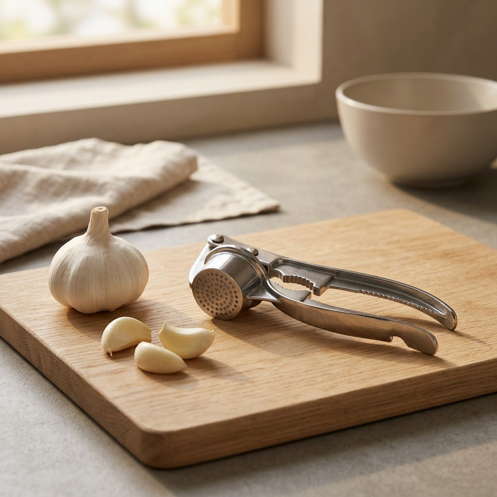 Garlicraft™ Manual Garlic Press, styled close view