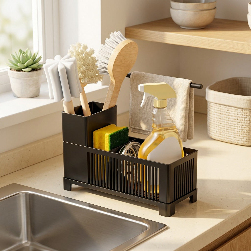 Spongebar™ Plastic Sink Rack for Dishcloths in a calm home setting