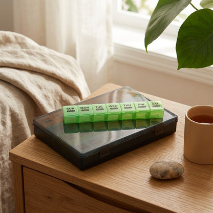Weekfold™ 28-Compartment Foldable Pill Box, styled close view