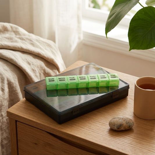 Weekfold™ 28-Compartment Foldable Pill Box, styled close view