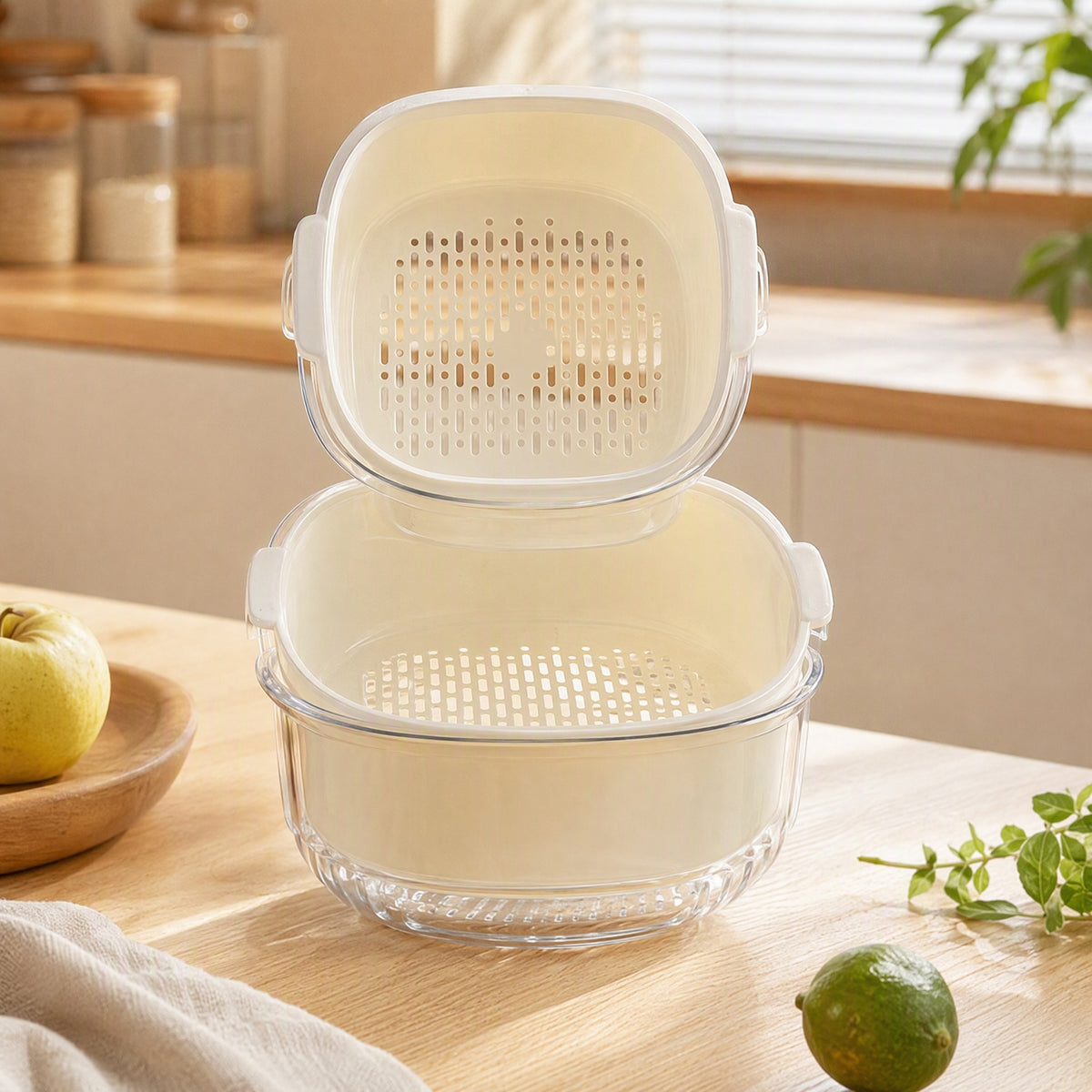 Dripnest™ PET And PP Fruit Drain Basket in a calm home setting