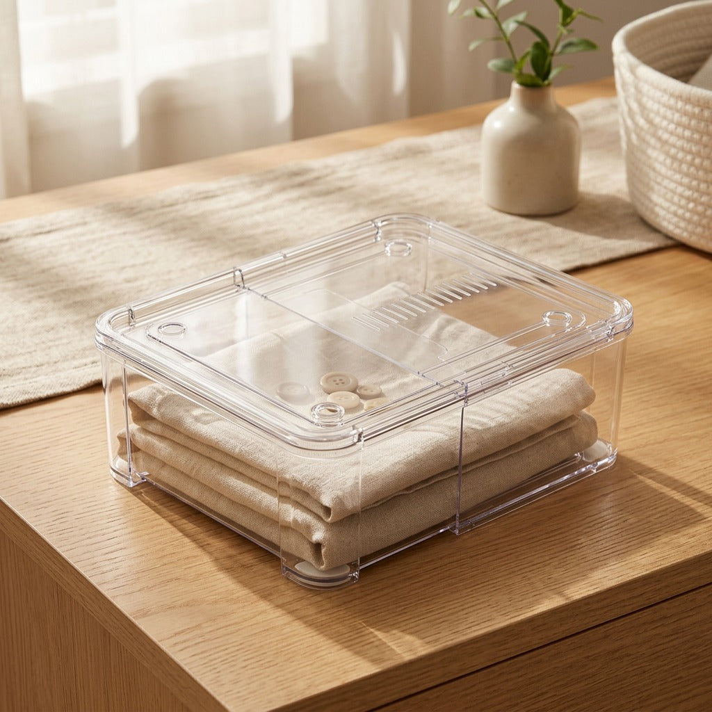 Slipstack™ Transparent Stackable Drawer Storage Box in a calm home setting